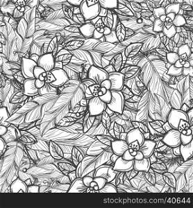Boho seamless pattern with flowers and feathers. Boho seamless pattern with vector flowers and feathers
