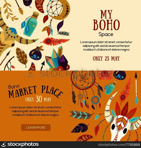 Boho souvenirs symbols attributes  decorative elements market place sale announcement 2 horizontal website banners isolated vector illustration . Boho Market Banners 