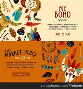 Boho souvenirs symbols attributes  decorative elements market place sale announcement 2 horizontal website banners isolated vector illustration . Boho Market Banners 