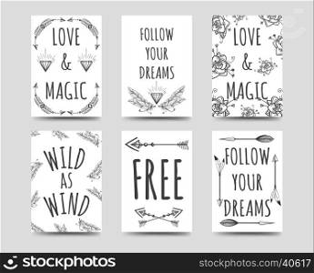 Boho style cards collection with hand drawn arrows flowers feathers and lettering. Boho style cards collection with hand drawn arrows flowers feathers and lettering vector