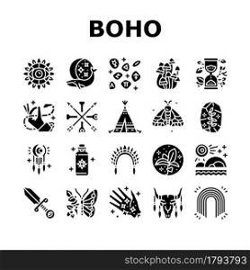 Boho Style Decoration Collection Icons Set Vector. Butterfly And Insect, Dreamcatcher And Stone, Mushrooms And Plant, Dagger And Hourglass Boho Ornament Glyph Pictograms Black Illustrations. Boho Style Decoration Collection Icons Set Vector