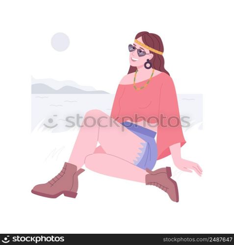 Boho style isolated cartoon vector illustrations. Young stylish hippie girl smiling, people lifestyle, boho clothes and accessories, vintage fashion, personal style vector cartoon.. Boho style isolated cartoon vector illustrations.