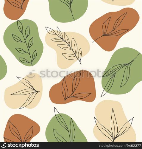Boho style seamless pattern with botanical elements in abstract beige brown and green shapes. Simple and elegant design