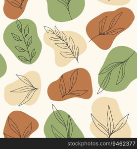 Boho style seamless pattern with botanical elements in abstract beige brown and green shapes. Simple and elegant design