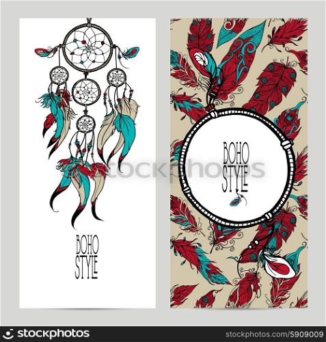 Boho style vertical banner set with sketch dreamcatcher and feathers isolated vector illustration. Boho Style Banner Set