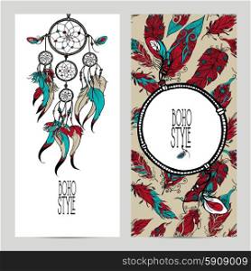 Boho style vertical banner set with sketch dreamcatcher and feathers isolated vector illustration. Boho Style Banner Set