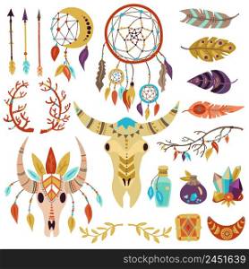 Boho symbols decorative elements collection with dream catcher feathers twigs arrows crystals buffalo head isolated vector illustration . Boho Elements Set