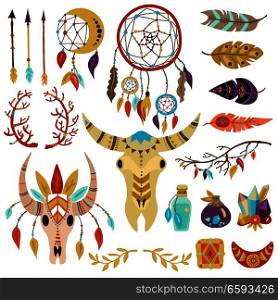 Boho symbols decorative elements collection with dream catcher feathers twigs arrows crystals buffalo head isolated vector illustration . Boho Elements Set