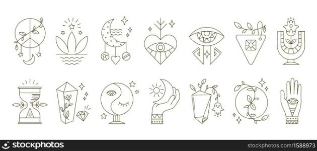 Boho symbols. Mystic astrology spiritual icons with moon alchemy hand and eye abstract ornamental elements. Collection of contour pentagrams, outline emblems for decoration. Vector flat isolated set. Boho symbols. Collection of contour pentagrams. Mystic astrology spiritual icons with moon alchemy hand and eye abstract elements, outline emblems for decoration. Vector flat isolated set