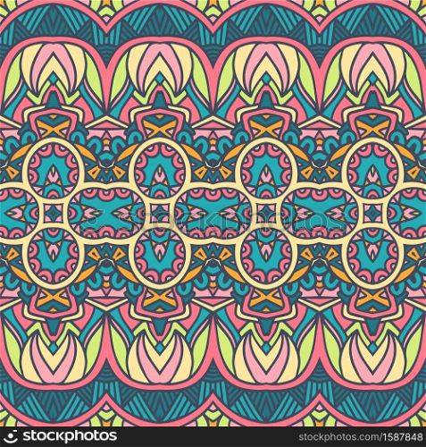Boho vintage abstract geometric ethnic seamless pattern ornamental. Doodle striped textile design. Colorful Tribal Ethnic Festive Abstract Floral Vector Pattern