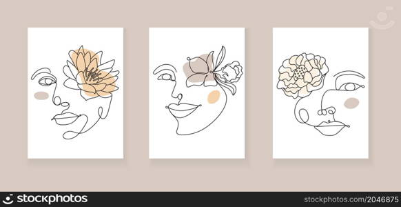 Boho women face vector set. Surreal portrait, girl face with lotus, chrysanthemum, lily flowers in continuous line style. Trendy floral, botanical abstract picture, minimalist art style for poster. Boho women face vector set. Surreal portrait, girl face with lotus, chrysanthemum, lily flowers in continuous line style.