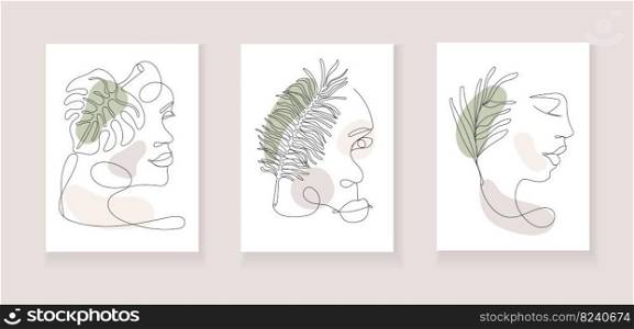Boho women face vector. Surreal portrait, girl face with palm leaf in continuous line style. Creative floral, botanical abstract picture, minimalist art style.. Boho women face vector. Surreal portrait, girl face with palm leaf in continuous line style.