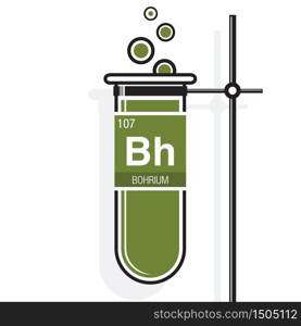 Bohrium symbol on label in a green test tube with holder. Element number 107 of the Periodic Table of the Elements - Chemistry