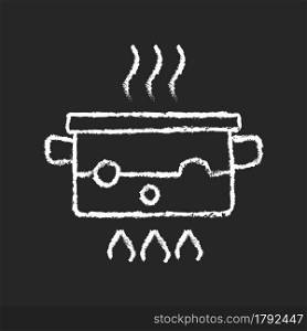 Boil for cooking chalk white icon on dark background. Simmering water in pot on stove. Bubbling liquid. Cooking instruction. Food preparation process. Isolated vector chalkboard illustration on black. Boil for cooking chalk white icon on dark background