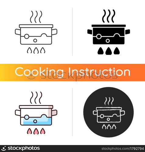 Boil for cooking icon. Simmering water in pot on stove. Bubbling, steaming liquid. Cooking instruction. Food preparation process. Linear black and RGB color styles. Isolated vector illustrations. Boil for cooking icon