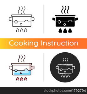 Boil for cooking icon. Simmering water in pot on stove. Bubbling, steaming liquid. Cooking instruction. Food preparation process. Linear black and RGB color styles. Isolated vector illustrations. Boil for cooking icon