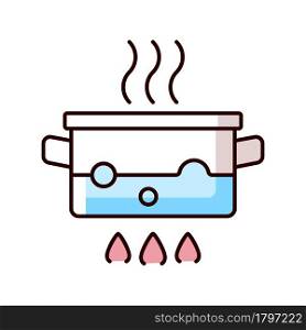 Boil for cooking RGB color icon. Simmering water in pot on stove. Bubbling, steaming liquid. Cooking instruction. Food preparation process. Isolated vector illustration. Simple filled line drawing. Boil for cooking RGB color icon