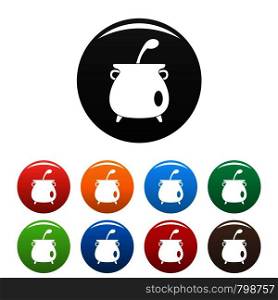 Boiled cauldron icons set 9 color vector isolated on white for any design. Boiled cauldron icons set color