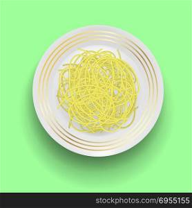 Boiled Floury Product Spaghetti with Plate on Green Background. Boiled Floury Product Spaghetti