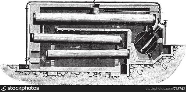 Boiler Eyscher and Whis Ten-Brink has fireplace, vintage engraved illustration. Industrial encyclopedia E.-O. Lami - 1875.
