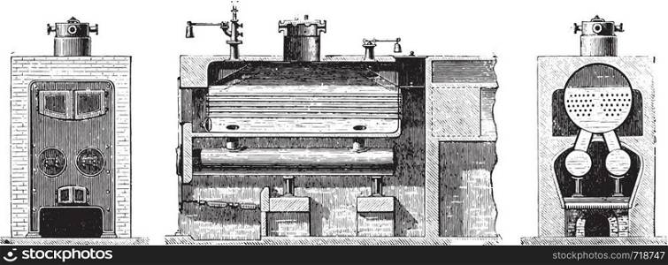 Boiler for semi-tubular boilers, vintage engraved illustration. Industrial encyclopedia E.-O. Lami - 1875.