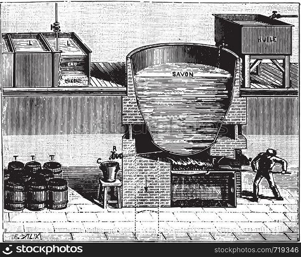 Boiler for the manufacture of soft soap, vintage engraved illustration. Industrial encyclopedia E.-O. Lami - 1875.