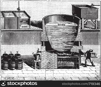 Boiler for the manufacture of soft soap, vintage engraved illustration. Industrial encyclopedia E.-O. Lami - 1875.