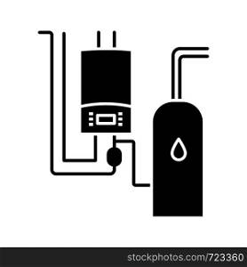 Boiler room glyph icon. Workshops, stores, pavilions, salons heating. Commercial or industrial central heating system. Silhouette symbol. Negative space. Vector isolated illustration. Boiler room glyph icon