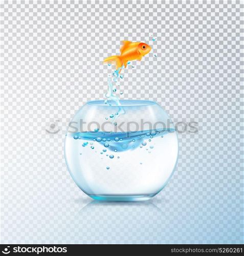 Boiling Fish Aquarium Composition. Fish jumping out bowl composition with realistic aquarium vessel and golden carp fish on transparent background vector illustration