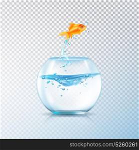 Boiling Fish Aquarium Composition. Fish jumping out bowl composition with realistic aquarium vessel and golden carp fish on transparent background vector illustration