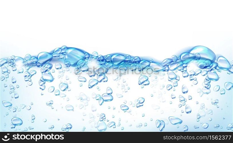 Boiling water, abstract background with air bubbles on liquid surface, dynamic motion, transparent aqua, randomly moving seether or fizzing, template for advertising, Realistic 3d vector illustration. Boiling water abstract background with air bubbles