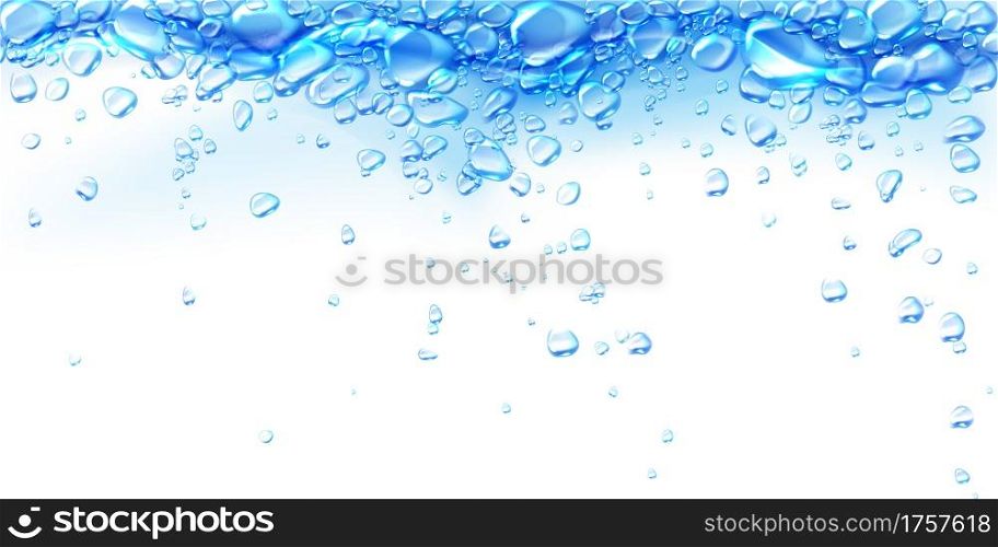 Boiling water abstract background with air bubbles on transparent liquid surface, dynamic aqua motion, randomly moving seether or fizzing, template for advertising, Realistic 3d vector illustration. Boiling water abstract background with air bubbles