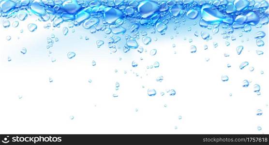 Boiling water abstract background with air bubbles on transparent liquid surface, dynamic aqua motion, randomly moving seether or fizzing, template for advertising, Realistic 3d vector illustration. Boiling water abstract background with air bubbles