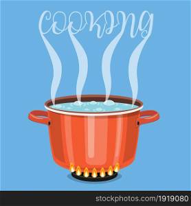Boiling water in pan. Cooking pot on stove with water and steam. Vector illustration in flat style. Boiling water in pan.