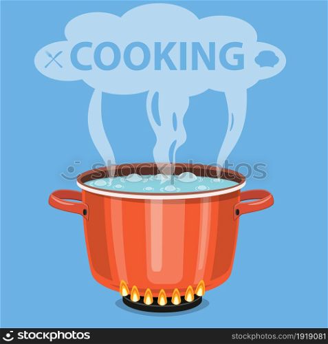 Boiling water in pan. Cooking pot on stove with water and steam. Vector illustration in flat style. Boiling water in pan.