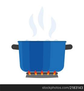 Boiling water in pan. Cooking pot on stove with water and steam. Vector