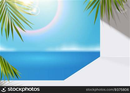 Bokeh blue ocean and palm tree leaves background in 3d illustration. Summer ocean background