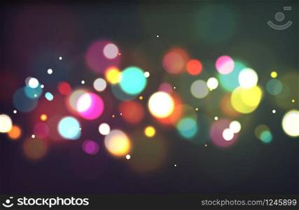 Bokeh. Color light glowing blurry sparkles on black. Luxury festive magical christmas background with bokeh effect. Vector twinkle xmas magic winter texture. Bokeh. Color light glowing blurry sparkles on black. Luxury festive magical christmas background with bokeh effect. Vector xmas winter texture