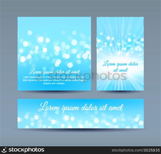 Bokeh lights on blue invitation cards. Vector illustration of invitation cards in blue colors with bokeh lights