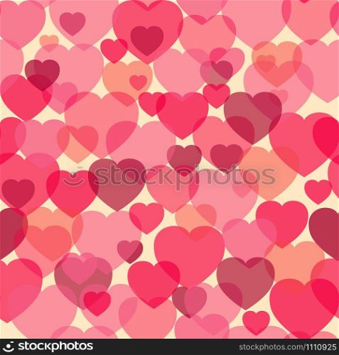 Bokeh style heart seamless pattern. Collection of love symbols with pink, red and cherry pattern colors. Vector abstract illustration for girl birthday banner, valentines party flyer or wedding card.. Boche heart shape love symbol seamless pattern