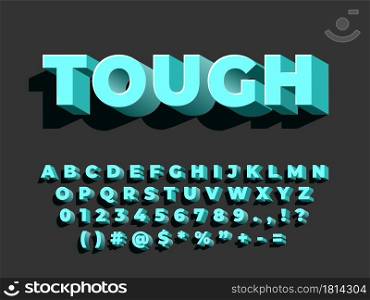 Bold 3d font. Strong typography, retro style alphabet. Letters numbers with shadow, entertainment typeface design recent vector illustration. Bold font lettering, typeset abc typography. Bold 3d font. Strong typography, retro style alphabet. Letters numbers with shadow, entertainment typeface design recent vector illustration