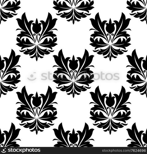 Bold black and white arabesque seamless pattern with large repeat floral motifs in square format suitable for wallpaper and textile. Bold black and white arabesque seamless pattern