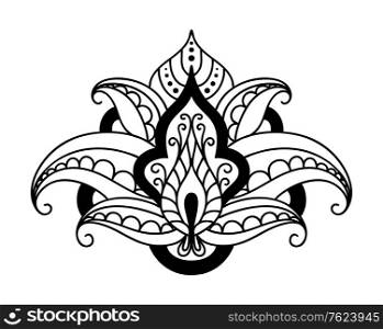 Bold black and white persian floral design element with curling petals isolated on white