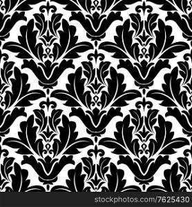 Bold black colored floral seamless pattern background with arabesque elements in damask style for wallpaper, tiles and fabric design in square format isolated over white background