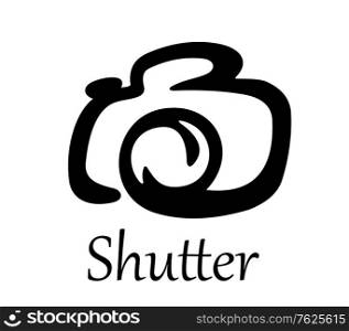 Bold black Photo camera icon with text - Shutter - at the bottom of design for any multimedia or photography design. Photo camera icon