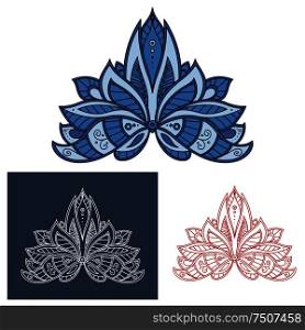 Bold calligraphic floral paisley motif in three color versions in blue and red. Bold outline floral paisley motif