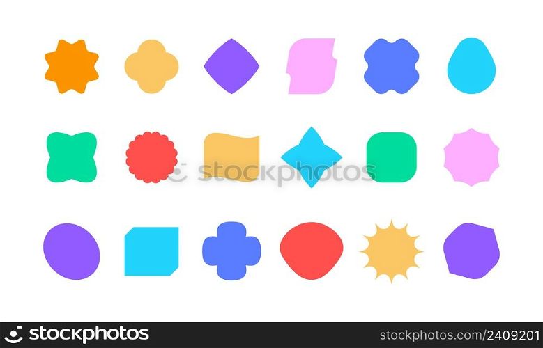 Bold geometric shapes. Abstract empty organic forms for banner and discount labels. Vector set. Funny figures of different bright colors as orange, yellow, green, blue, purple and red. Bold geometric shapes. Abstract empty organic forms for banner ans discount labels. Vector set