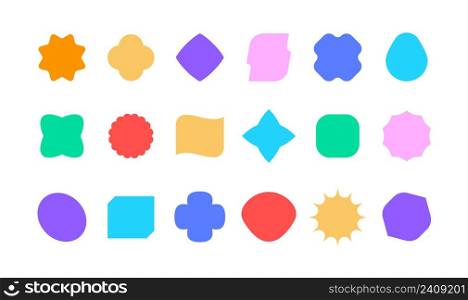 Bold geometric shapes. Abstract empty organic forms for banner and discount labels. Vector set. Funny figures of different bright colors as orange, yellow, green, blue, purple and red. Bold geometric shapes. Abstract empty organic forms for banner ans discount labels. Vector set
