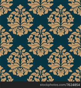 Bold heavy arabesque seamless pattern on blue with a repeat foliate motif in square format. Bold heavy arabesque seamless pattern on blue