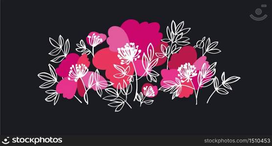 Bold pink peony flowers decorative element for card, header, invitation, poster, social media, post publication. Vector floral motif.